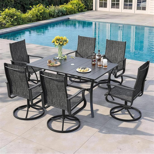 7 Pieces Patio Dining Set, Patio Outdoor Furniture Set of 6 Patio Swivel Dining Chairs and Patio Spliced Rectangular Tabletop with Umbrella Hole, for Deck, Backyard, Poolside & Garden