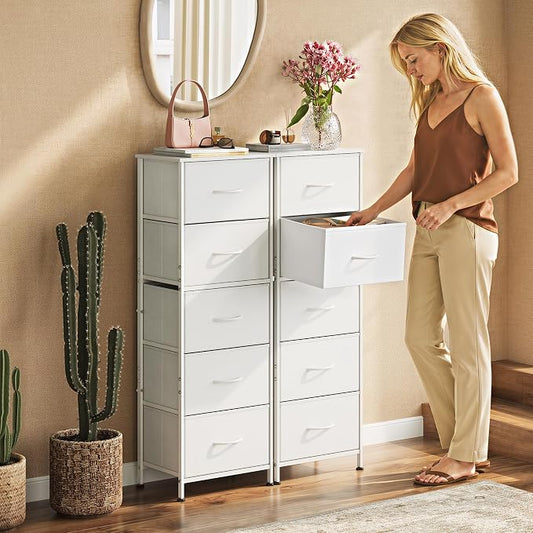WLIVE Fabric Dresser, 5-Drawer Tall Dressers for Bedroom, Storage Dresser Organizer with Fabric Bins, Wood Top, Sturdy Steel Frame, Chest of Drawers for Closet, Hallway, White
