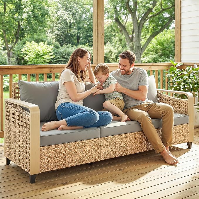 Outsunny Outdoor Patio Couch with Wide and Deep Seat, 3 Seater Wicker Outdoor Sofa with Wide Metal Armrests, Patio Furniture Couch with Cushions for Porch, Garden, Backyard, Gray | Removable Covers