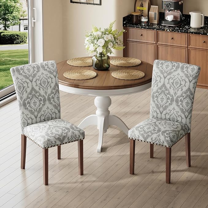 MALOL Dining Chairs Set of 6, High Back Dining Chair with Wood Legs and Nailhead Trim, Modern Padded Kitchen Room Chairs for Dining Room/Restaurant, White/Grey