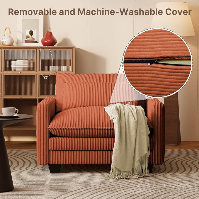 Gizoon Cloud Accent Chair with Washable Cover, Corduroy Single Sofa Chair with Comfy Deep Seat, Modern Armchair with Pillow for Living Room Bedroom, Orange