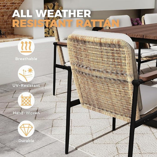 HAPPATIO 9 Piece Patio Dining Set Outdoor, 8 Wicker Chairs with Aluminum Frame and Olefin Cushions, Large Wooden Dining Table with Umbrella Hole,Patio Table and Chairs for Backyard Garden Porch