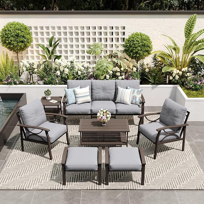 FansaFurn 7-Pieces Outdoor Patio Furniture Set, Outdoor Metal Sectional Furniture with Cushions, Outdoor Conversation Seating Set with Coffee Table for Backyard,Garden, Balcony, Deck, Backyard, Grey
