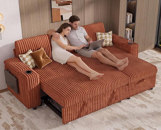 Vipbear 86" Modular Sectional Sleeper Sofa with Pull Out Bed, 3 Seat Plush Corduroy L Shaped Couch with Storage Chaise|USB Ports|Cup Holders|Side Table|Storage Armrests, Tool Free Assembly, Orange