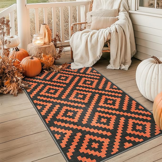 GENIMO Outdoor Rug for Patio Clearance, 3'x5' Indoor Area Rug, Waterproof Reversible Fall Doormat, Outside Camping Carpet for Porch, Living Room, Balcony, Deck, Bedroom, Picnic, Black Orange