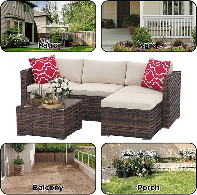 5 Piece Outdoor Patio Furniture Set, Rattan Deck Conversation Sofa Set with Non-Slip Cushions, All-Weather Sectional Sofa with Glass Storage Table and Balcony Footstool, Poolside, Garden, Brown+White