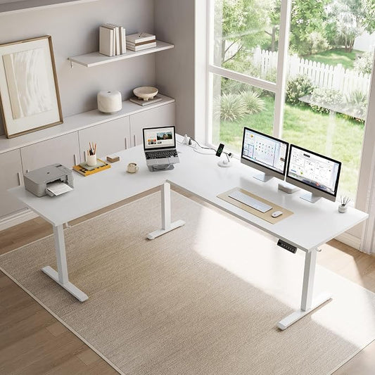 Klicelor L Shaped Standing Desk 75 x 61 Inch,Electric Height Adjustable Corner Desk with Cable Management & Power Outlets, Ergonomic Sit Stand Up Computer Table for Home Office,White