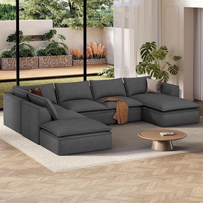 Vesgantti 141.7" Oversized Boneless Sectional Couch, Modern 7 Seater Modular Sofa with Chaise & Ottoman, Deep Seat Corduroy Cloud Couches for Living Room, No Assembly Required, Dark Gray