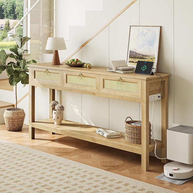 SUPERJARE Rattan Console Sofa Table with Outlets and USB-C Port, 3 Drawer Entryway Table with Synthetic Rattan Surface, 53.9 Inch, Open Shelf, Behind Couch Entry Foyer Hallway Storage, Natural