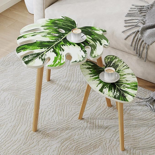 BAMEOS Monstera Leaf Nesting Tables Set of 2, Small Side Tables f Set with Leaf Vein Pattern, Modern Wooden CoffeeTables for Living Room Bedroom Apartment Balcony Yard