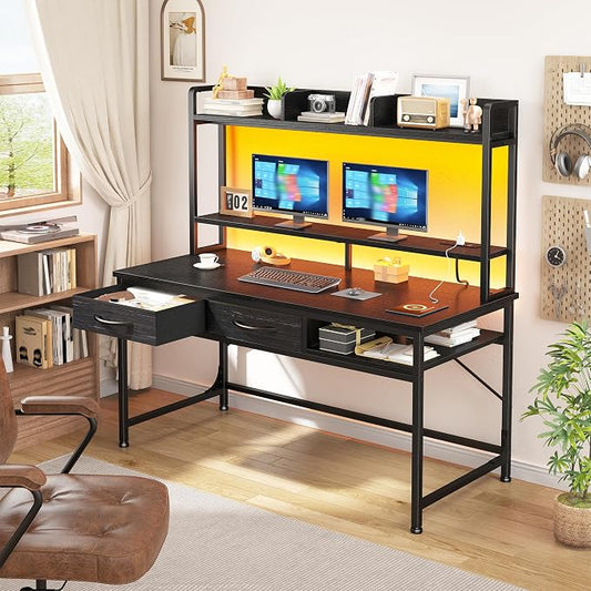 DurayLoly Computer Desk with Shelves and Drawers for Bedroom,Black | Neck&Waist Strain Relief Monitor Stand, Vision-protect RGB LED Suited for Students&Office Sitters