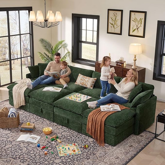 Ihanherry 135” Oversized Sectional Sofa Bed with Storage, 8-Seater Modular Cloud Couch with Movable Ottomans, Chenille Deep Seat Sleeper Couches for Living Room (Green)