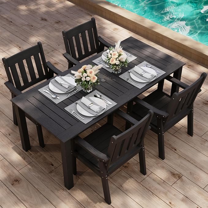 YEFU HIPS Patio Table Set: 5 Piece Outdoor Table and Chairs Dining Furniture Set with Umbrella Hole - Black Modern Plastic Dining Sets 4 Person for Outside Deck with Metal Aluminum Frame