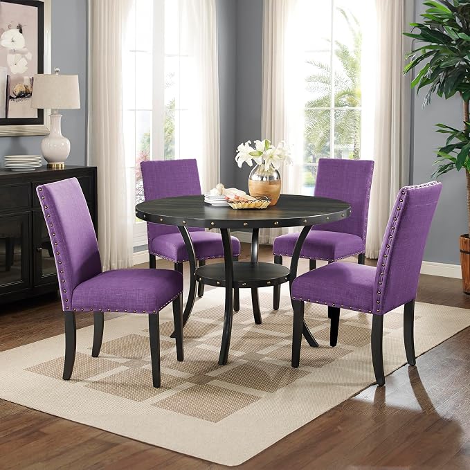 Roundhill Furniture Biony Fabric Dining Chairs with Nailhead Trim, Set of 2, Purple