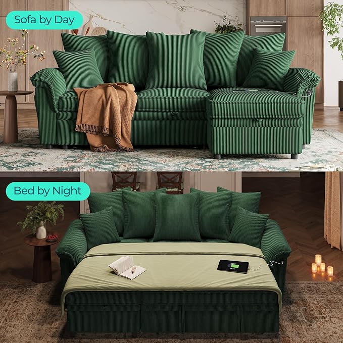 LINSY HOME 90.5'' Sectional Sleeper Sofa with Pull Out Couch Bed Modular (Green, 90.5'') | USB Charging