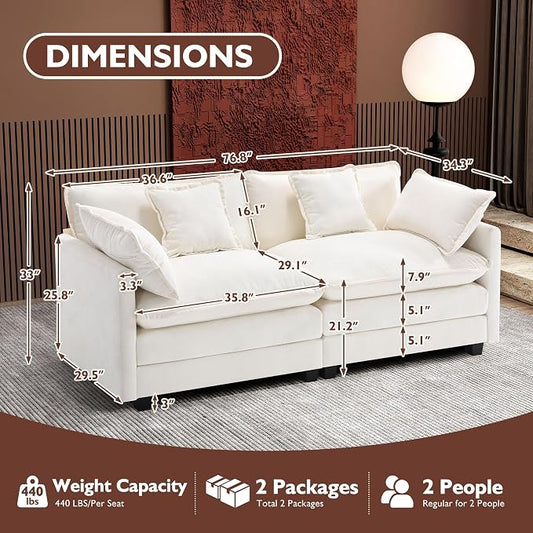 Ihanherry Cloud Sofa 77 Inch Loveseat, Modern Sectional Couch, 2-Seats Sofa for Living Room Bedroom and Apartment, Comfy Double Layer Upholstered Seat Cushion, Breathable Chenille Fabric, Beige