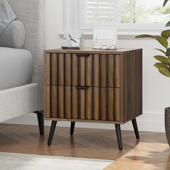 Smuxee Walnut Wooden Night Stand Set of 2, Mid Century Nightstand with 2 Fluted Drawers, Bedside Table with Open Shelf, Modern End Side Table for Bedroom