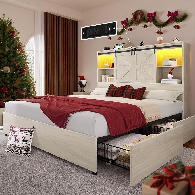 YITAHOME Farmhouse Queen Size Bed with 50" Tall Storage Bookcase Headboard, Sliding Barn Door, 4 Storage Drawers, RGB LED Bed Frame w/Type-C&USB Charging Station, No Box Spring Needed, Antique White