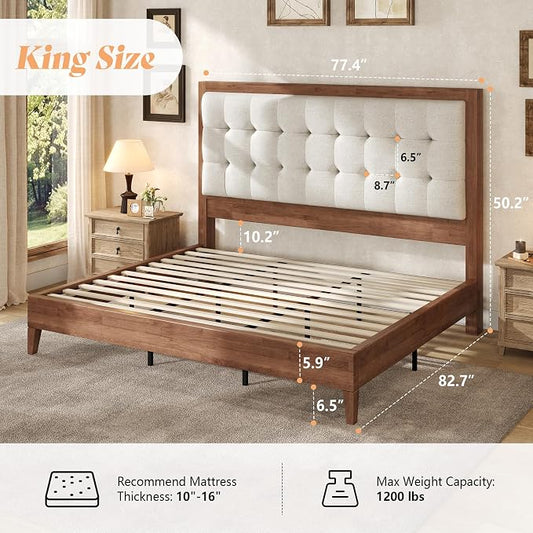 AMERLIFE King Size Bed Frame and Headboard, Solid Wooden Bed Frame King Size Platform Bed Frame Mid-Century Style, No Box Spring Required, Walnut