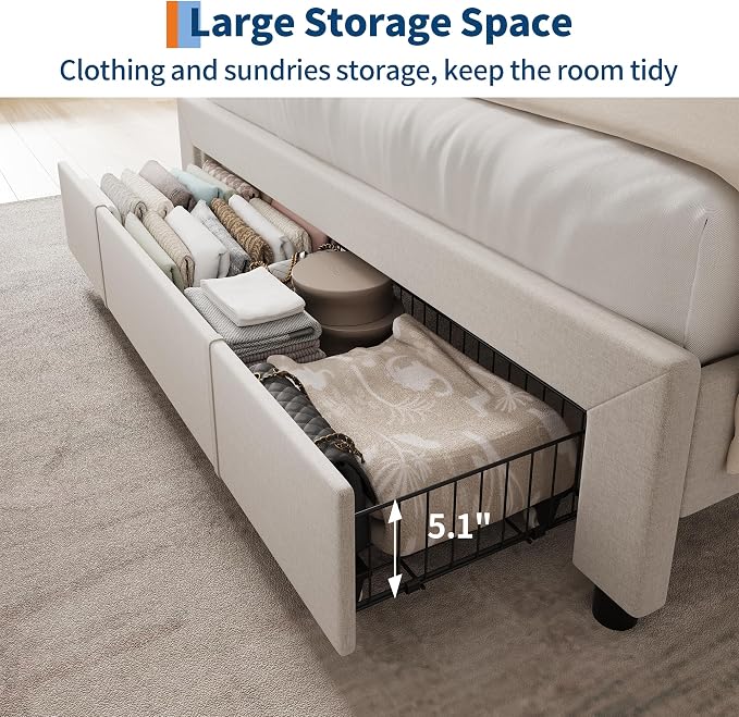 GarveeHome Upholstered Bed Frame with Storage Headboard and Charging Station, Platform Bed Frame with Drawers, Heavy Duty, No Box Spring Needed, Easy Assembly, Beige, Full Size