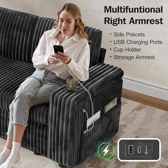 Vipbear 108" Modular Sectional Sleeper Sofa with Pull Out Bed, 4 Seat Plush Corduroy U Shaped Couch with USB Ports|Cup Holders|Side Table|Storage Chaise Armrests, Tool Free Assembly, Grey