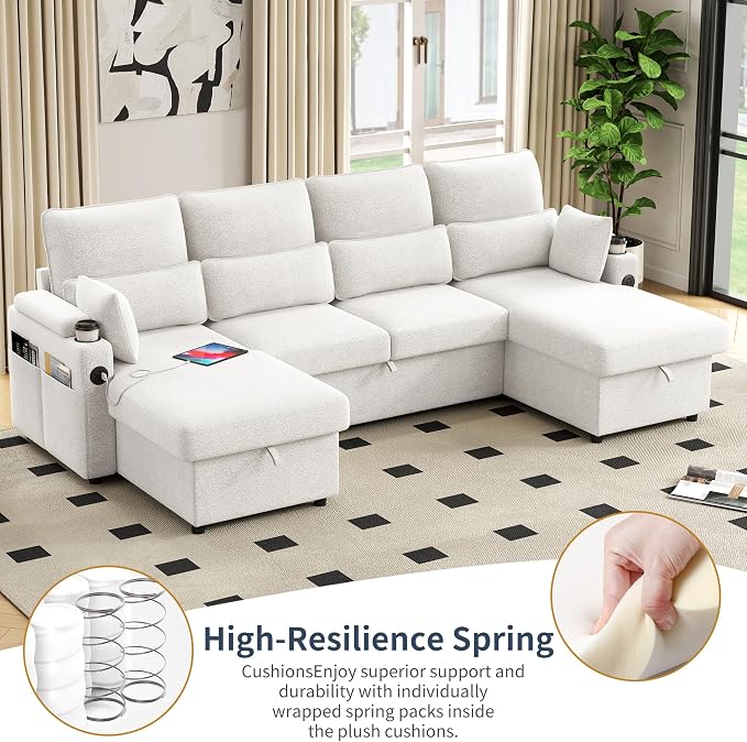 104.7" U-Shaped Sectional Sofa Couch, Pull-Out Sleeper Sofa Bed with Storage Chaise, Double Cup Holders, Dual USB Charging Ports, Couches for Living Room Apartment