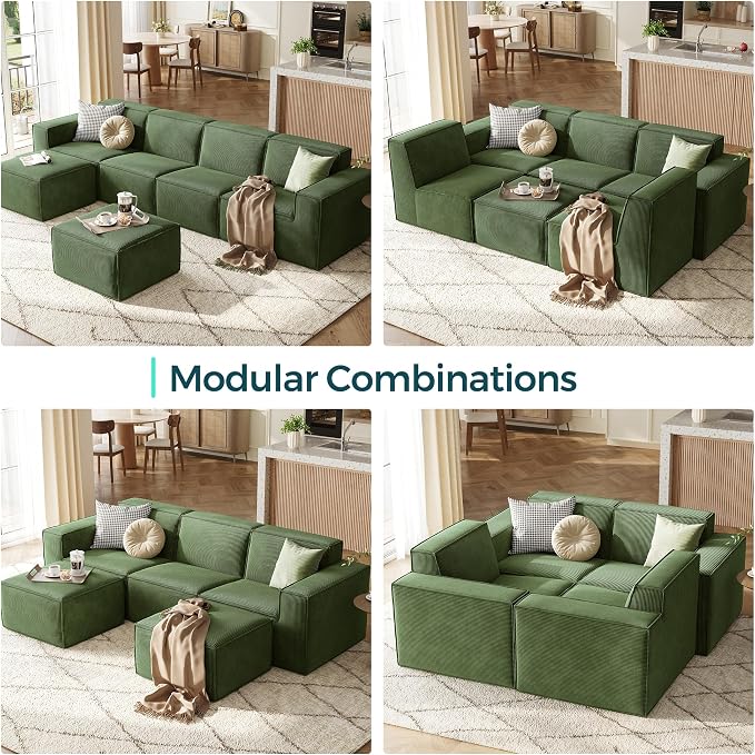 LINSY HOME Modular Sectional Sofa, 134" Boneless Couch L Shaped 4-Seat Sofa with Movable Ottoman, Corduroy Sectional Cloud Couches for Living Room, No Assembly Required, Green