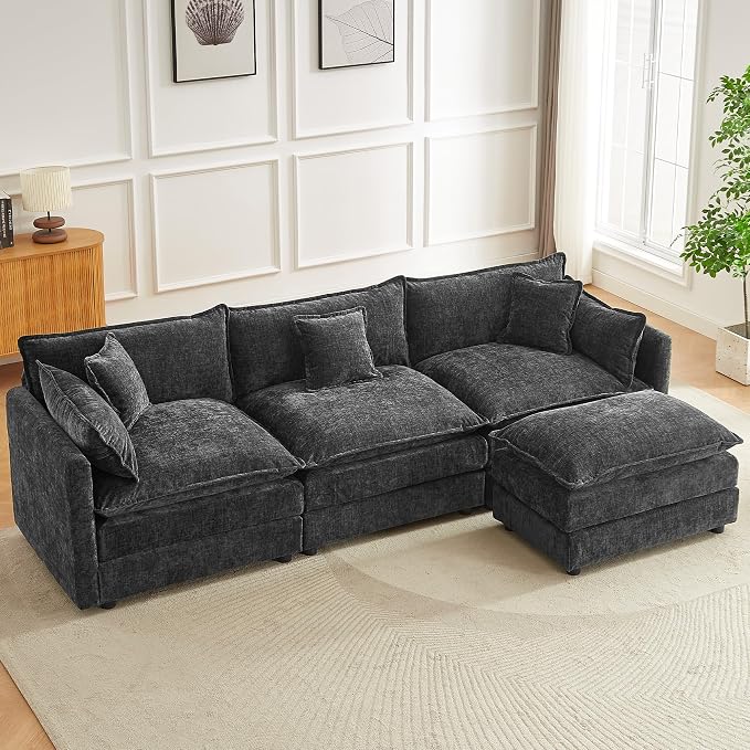 Modular Sectional Sofa 112.2 Inch L Shaped Couch Set with Armrests, 3-Seater Comfortable Cloud Couches with Movable Ottoman for Living Room Apartment, Grey