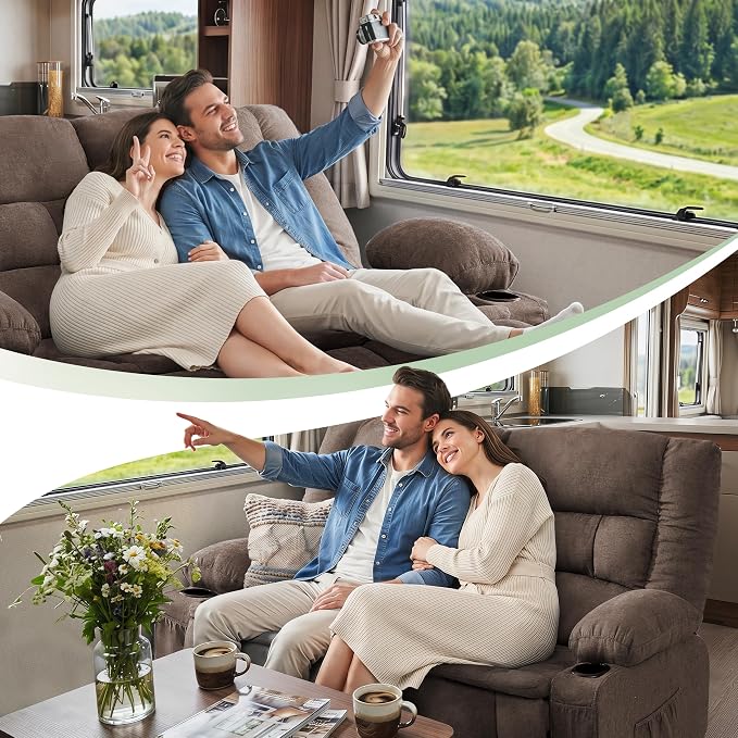 Loveseat Recliner Sofa, Wall Hugger Reclining Loveseat with Cup Holders & Storage Pockets, 150Β° Adjustable RV Couch, Traditional 2-Seat Reclining Couch for Living Room, RV, Home Theater, Brown