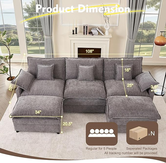 GOSUHI 108" U-Shaped Modular Cloud Couch, Deep Seat, Chenille Slate | Cloud Comfort, Couches for Living Room, Removable & Machine-Washable Covers, Movable Ottoman, Modular Sectional Sofa