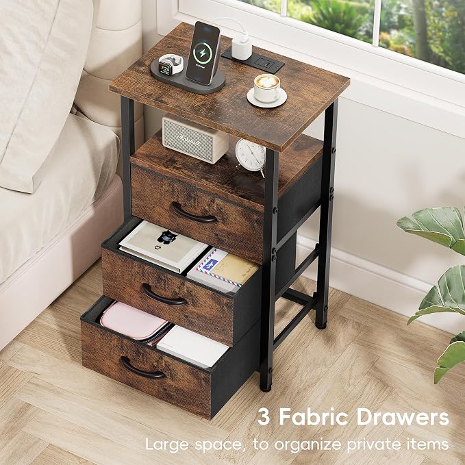Vagusicc Nightstand Set of 2 with Charging Station, Bedside Table with USB Ports & Outlet, Side End Table with 3 Fabric Drawers & Storage Shelf, Bed Side Table Night Stand for Bedroom, Rustic Brown