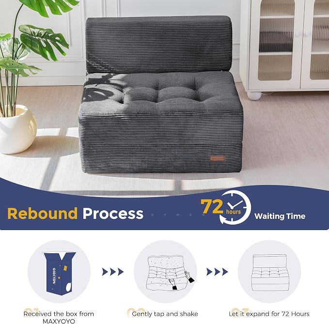 MAXYOYO 8" Folding Sofa Bed, Fold Out Chair Bed, Convertible Floor Sofa Couch, High-Density Foam Tufted Lounge Couch for Living Room Bedroom Dorm, Single, Dark Grey