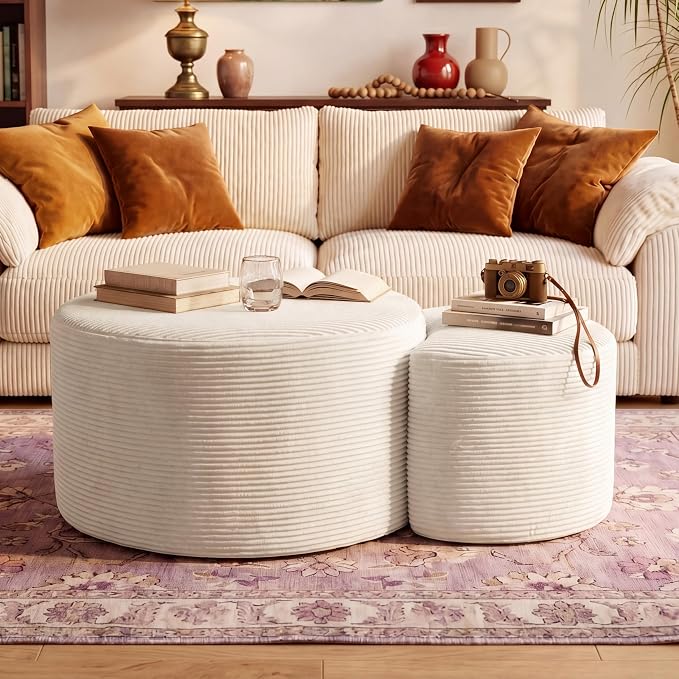 BSHOMGI Round Coffee Table Set of 2, Movable Ottoman for Corduroy Cloud Sectional Couches Circle Foam Round Side Table for Living Room, Bedroom Entryway and Small Spaces No Assembly (Beige)