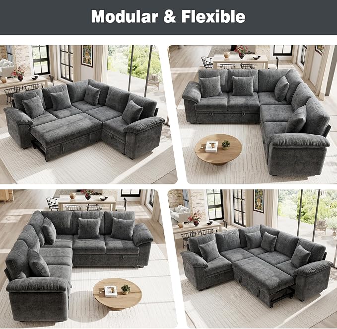 Ihanherry 86" Modular Sectional Sofa with Pull Out Bed, 5-Seater L Shaped Sectional Sleeper Couch with Storage, Chenille Convertible Couches for Living Room, Apartment (Grey)