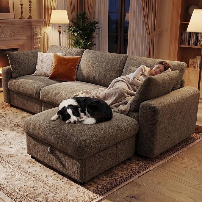 Ihanherry 141" Oversized Cloud Sectional Couches for Living Room, Modular Sectional Sofa with Wide Deep Seat, U Shaped Couch with Throw Pillow and Storage Ottoman, Beige