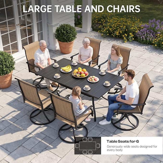 7-Piece Outdoor Dining Set with Umbrella Hole,Patio Swivel Chairs Set and 63"x 38"x 28" Outdoor Patio Table for 6,Modern Garden Dining Set for Poolside Seaside Backyard