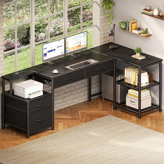 Korfile 65 Inch L Shaped Computer Desk with Power Outlets, Reversible Home Office Desk with 4 Fabric Drawers & 2 Adjustable Mesh Shelves, Corner Study Work Desk with Larger Storage, Black