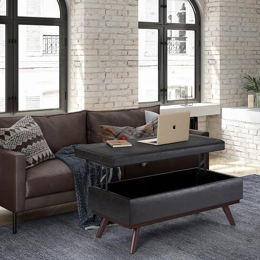 SIMPLIHOME Owen Lift Top Coffee Table Storage Ottoman - 42 inch Wide Upholstered Vegan Leather Rectangular Lift-Top Ottoman in Distressed Black, Mid-Century Modern Ottoman for Living Room