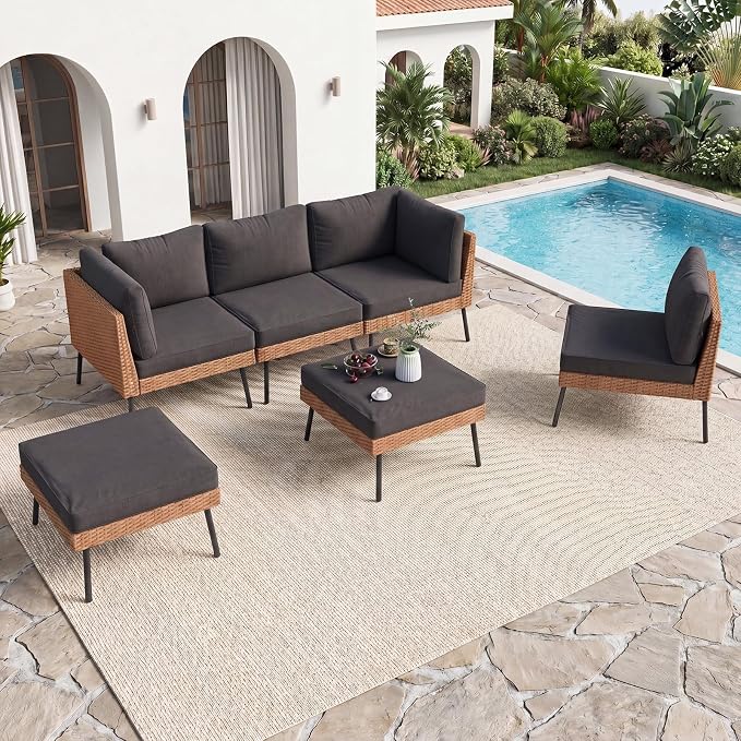 Aoxun 6-Piece Patio Furniture Set, Wicker Outdoor Furniture with Water Resistant Thick Cushions, Patio Conversation Set Outdoor Sectional Sofa with Coffee Table for Backyard Poolside, Black