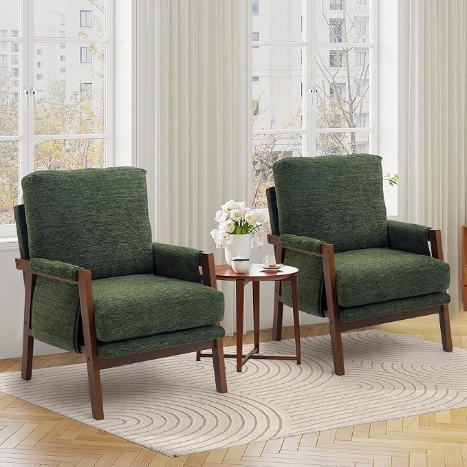 RNKSFX Green Accent Chairs for Living Room Set of 2, Modern Arm Chairs for Bedroom, Wooden Upholstered Mid Century Accent Chairs, Fabric