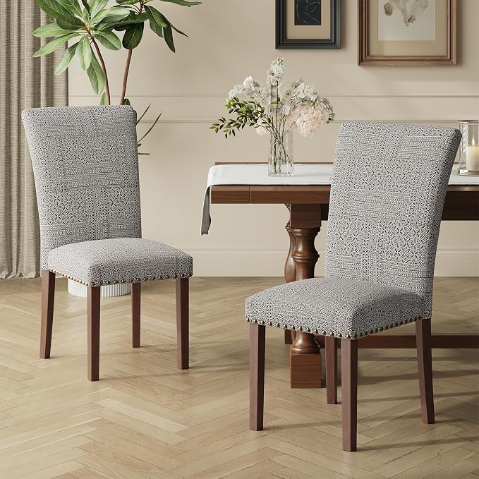 COLAMY Upholstered Parsons Dining Chairs Set of 4, Fabric Dining Room Kitchen Side Chair with Nailhead Trim and Wood Legs - Boho
