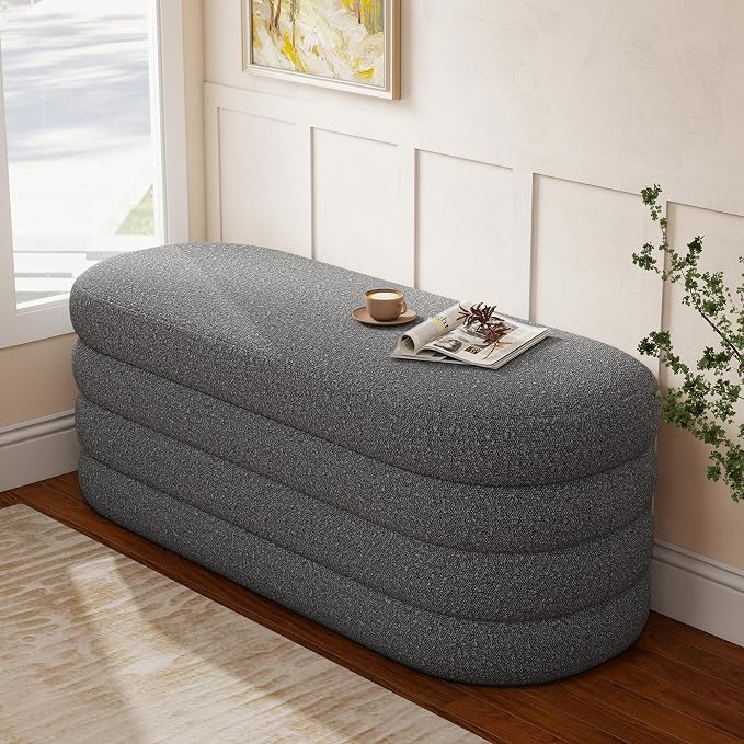 Busaurus Storage Ottoman Bench 49.2 Inch Upholstered Fabric Storage Bench for Bedroom End of Bed Aesthetic Large Oval Ottoman for Living Room(Grey)