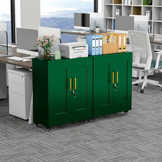 GAIOUS Metal Storage Cabinet with Lock and Wheels, Steel Tool Cabinet | with 2 Door and 2 Adjustable Shelves, 35” Tall Lockable File Cabinet, Garage Cabinet, Rolling Cabinet for Home Office - Green