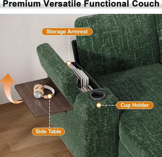 Vipbear Premium 86" Modular Sectional Sleeper Sofa, 5 Seat Sleeper Sofa with Pull Out Bed, L Shaped Couch with USB Ports|Storage Chaise|Cup Holders|Storage Armrests|Side Table, Green