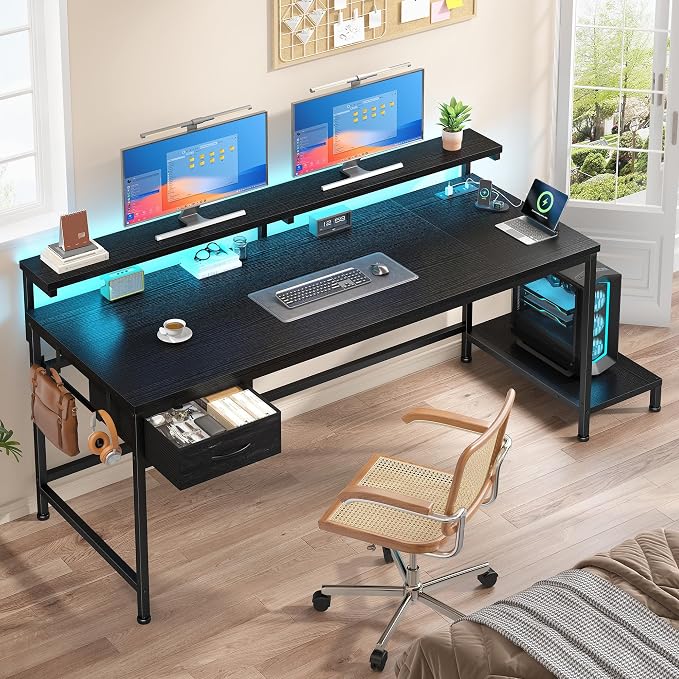 DurayLoly 47.2" Gaming Desk with Power Outlet and LED Lights,Computer Desk with Adjustable Monitor Stand and Drawer,Office Desk with CPU Stand for Home Work,Study and Gaming, Small Spaces,Black