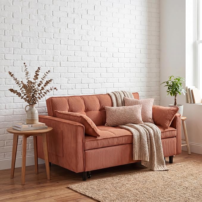 3 in 1 Convertible Sofa Bed, Corduroy Fabric Loveseat Sleeper Couch, Modern Pull Out Couch with Side Pockets, Sleeper Sofa Bed with Adjustable Backrest for Living Room, Orange