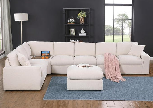 Ball & Cast 146" Oversized Modular Sectional Sofa,Large Chenille Upholstered Couch L-Shaped 8 Seat with Movable Ottoman & 2 Pillows,Comfty Sectionals W/Cup Holders & USB Ports,for Living Room,Beige
