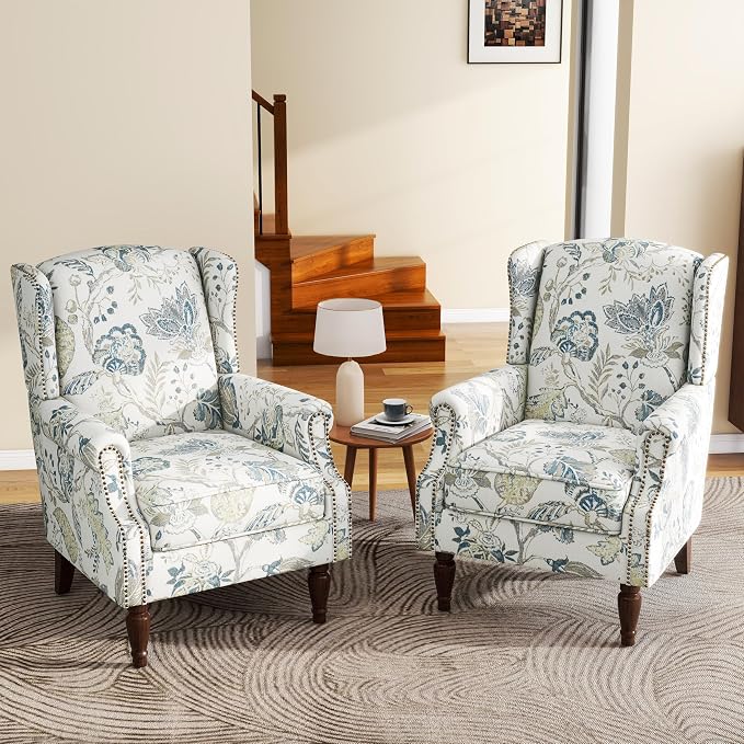 High Back Accent Chair, Fabric Upholstered Armchair Floral Wingback Chair for Living Room, Comfy Single Sofa Bedroom Reading Seat with Solid Wood Legs - Plants Blue