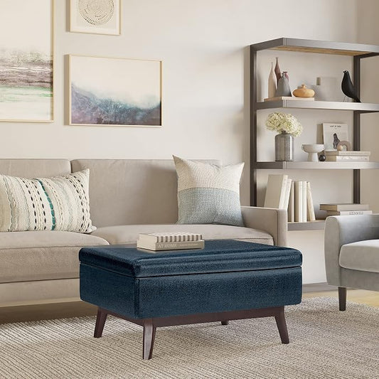 SIMPLIHOME Owen Coffee Table Storage Ottoman - 34" Wide x 19" High Upholstered Vegan Leather Rectangular Lift-Top Ottoman in Distressed Dark Blue, Mid-Century Modern Bench with Tapered Legs