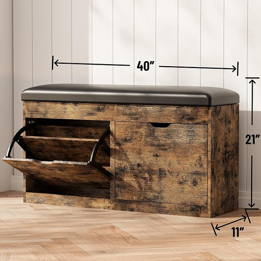 40" Shoe Storage Bench with 2 Flip Drawers & Padded Seat Cushion, Shoe Cabinet with Lift Top Storage Box, Shoe Bench Shoe Organizer for Entryway, Hallway, Living Room, Vintage Brown